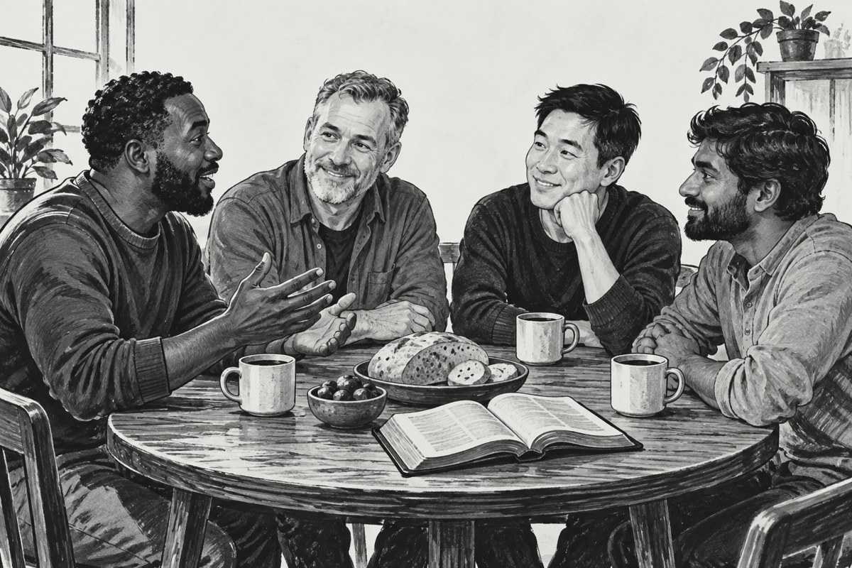 Illustration of men sharing stories around a breakfast table.